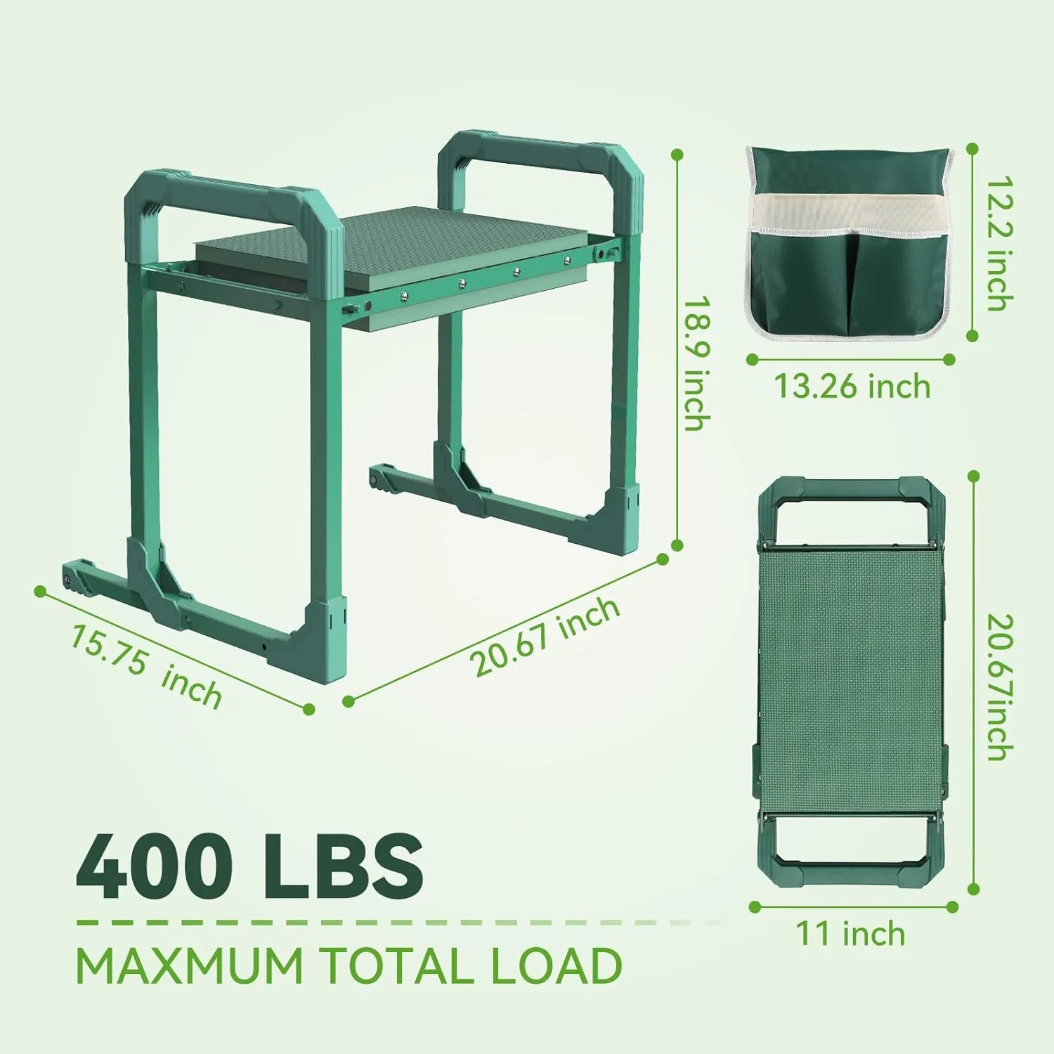 Garden Kneeler and Seat with Anti-Tipping Design, 2-in-1 Heavy Duty Foldable Gardening Stool, Thick Soft Kneeling Pad, 2 Tool Pouches, 400 lbs - Perfect Gardening Gift for Women, Men, Seniors (Green)