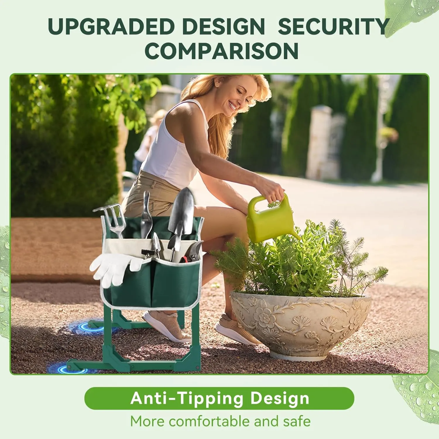 Garden Kneeler and Seat with Anti-Tipping Design, 2-in-1 Heavy Duty Foldable Gardening Stool, Thick Soft Kneeling Pad, 2 Tool Pouches, 400 lbs - Perfect Gardening Gift for Women, Men, Seniors (Green)