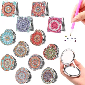 Geetery 12 Pcs Diamond Painting Compact Mirror DIY Mandala Design Pocket Mirror Portable Mini Folding Handheld Magnifying Makeup Mirror Diamond Art Kits for Women Gift Travel Purse 12 Style