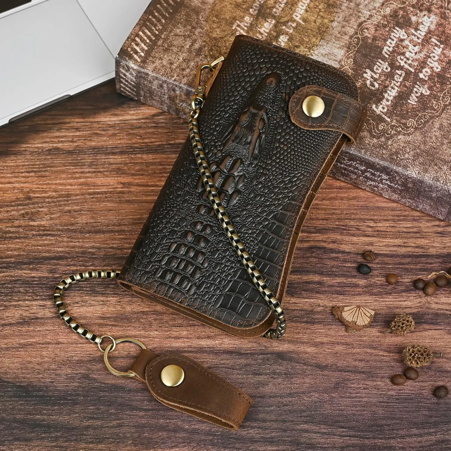Genuine Crazy Horse Leather Travel Gift Coin Pocket Card Case Long Organizer Chain Rfid Wallet Purse With Snap For Men Male 1088 (1088 Dark Brown-Crocodile)