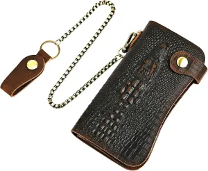 Genuine Crazy Horse Leather Travel Gift Coin Pocket Card Case Long Organizer Chain Rfid Wallet Purse With Snap For Men Male 1088 (1088 Dark Brown-Crocodile)