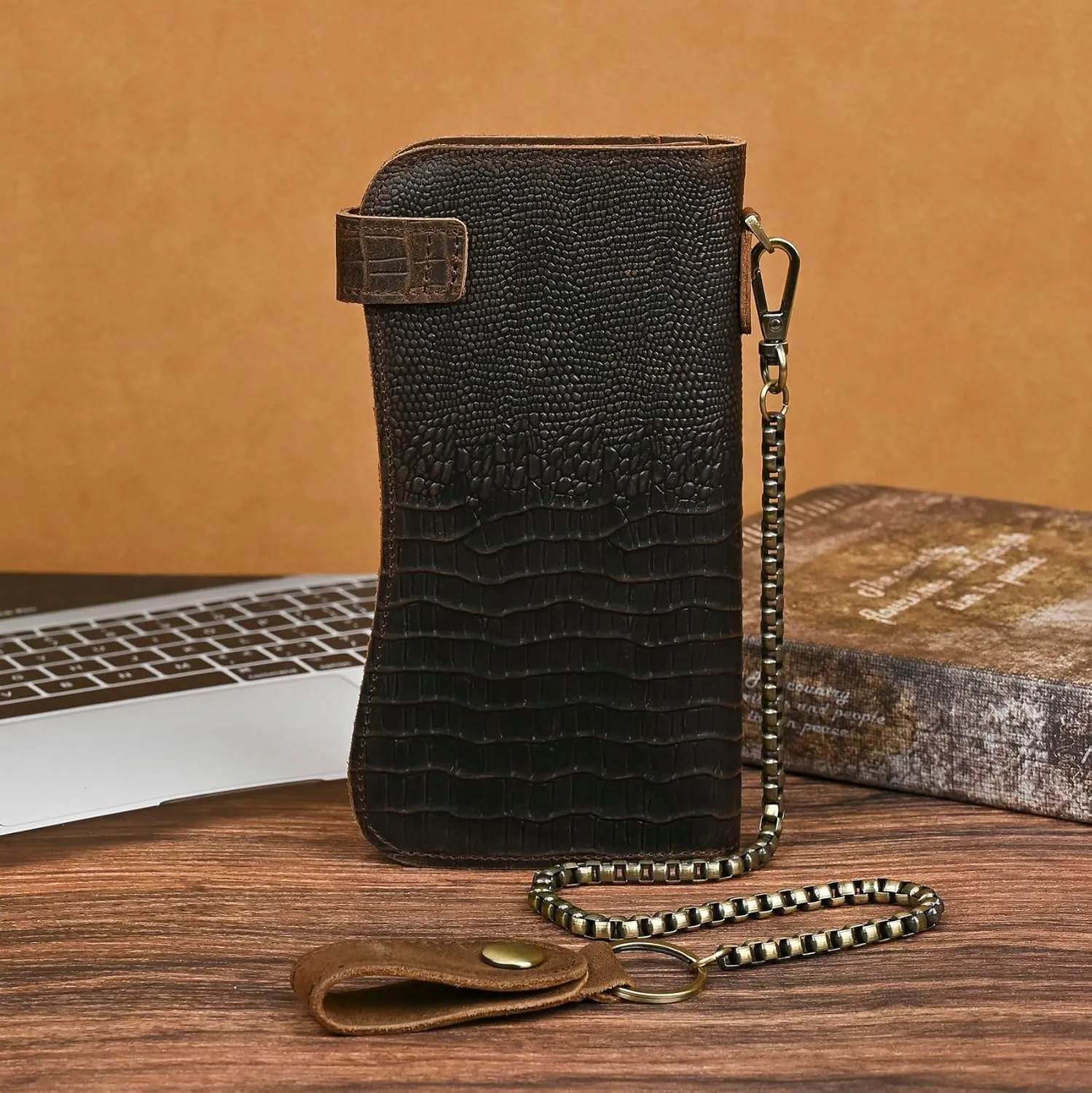 Genuine Crazy Horse Leather Travel Gift Coin Pocket Card Case Long Organizer Chain Rfid Wallet Purse With Snap For Men Male 1088 (1088 Dark Brown-Crocodile)