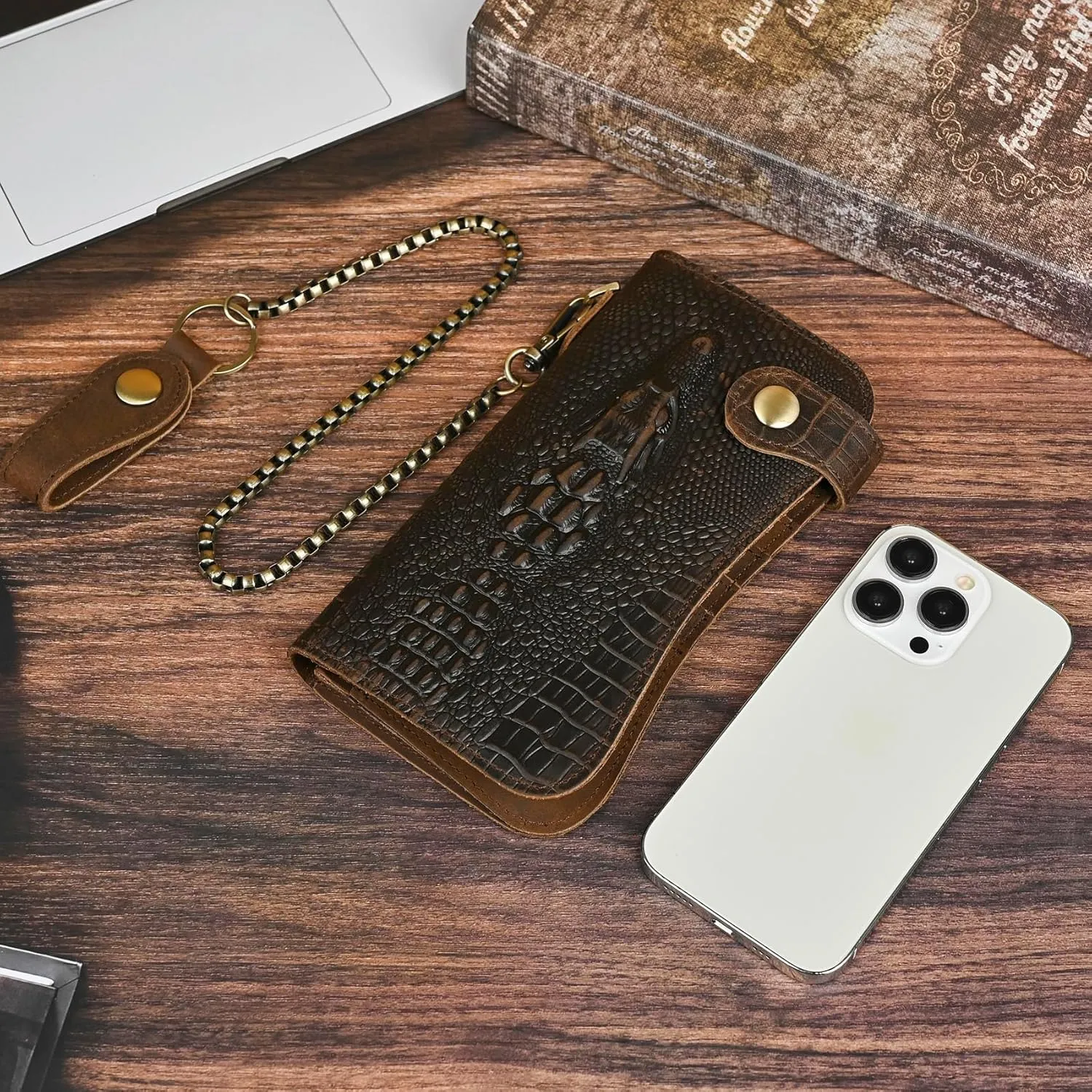 Genuine Crazy Horse Leather Travel Gift Coin Pocket Card Case Long Organizer Chain Rfid Wallet Purse With Snap For Men Male 1088 (1088 Dark Brown-Crocodile)
