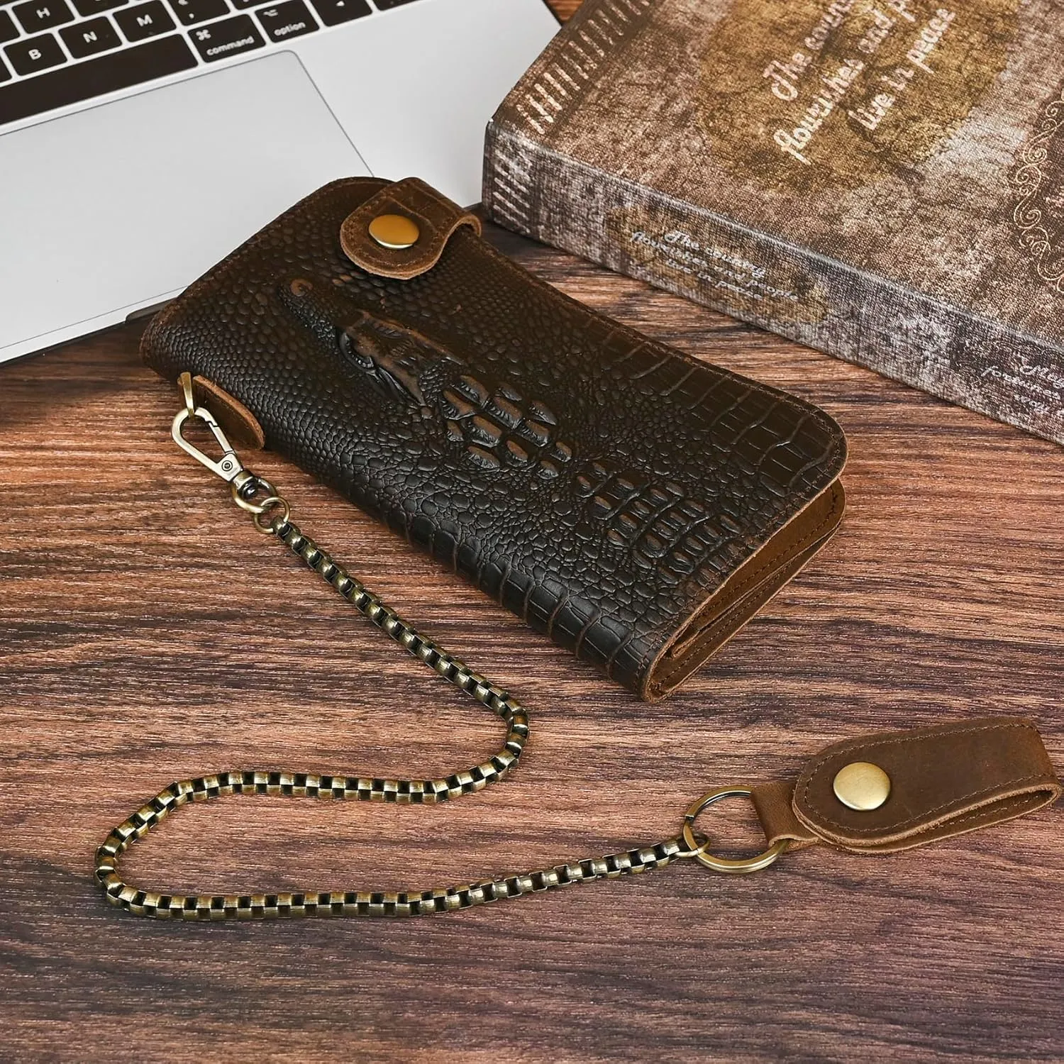 Genuine Crazy Horse Leather Travel Gift Coin Pocket Card Case Long Organizer Chain Rfid Wallet Purse With Snap For Men Male 1088 (1088 Dark Brown-Crocodile)
