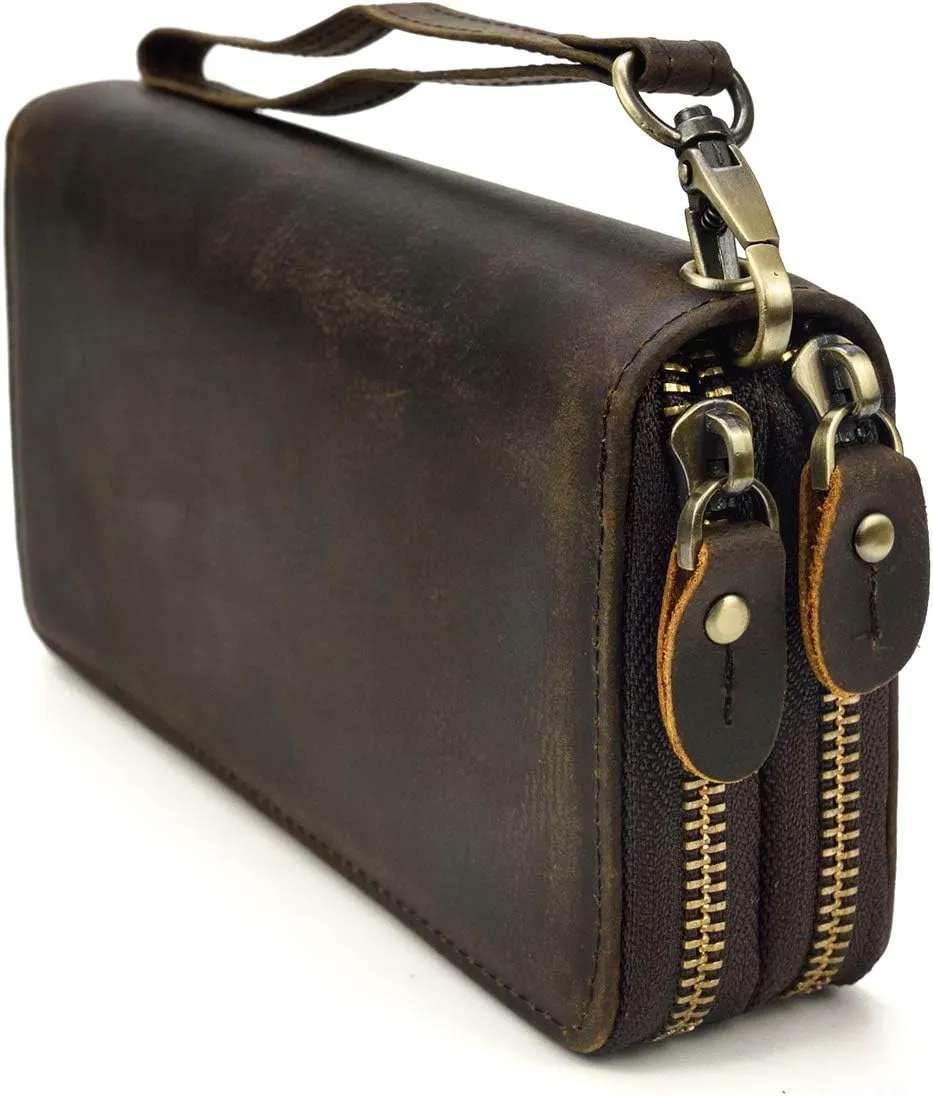Genuine Leather Long Wallet for Men, Large Capacity Purse Clutch Bag Handbag Checkbook Cash Credit Cards Phone Holder