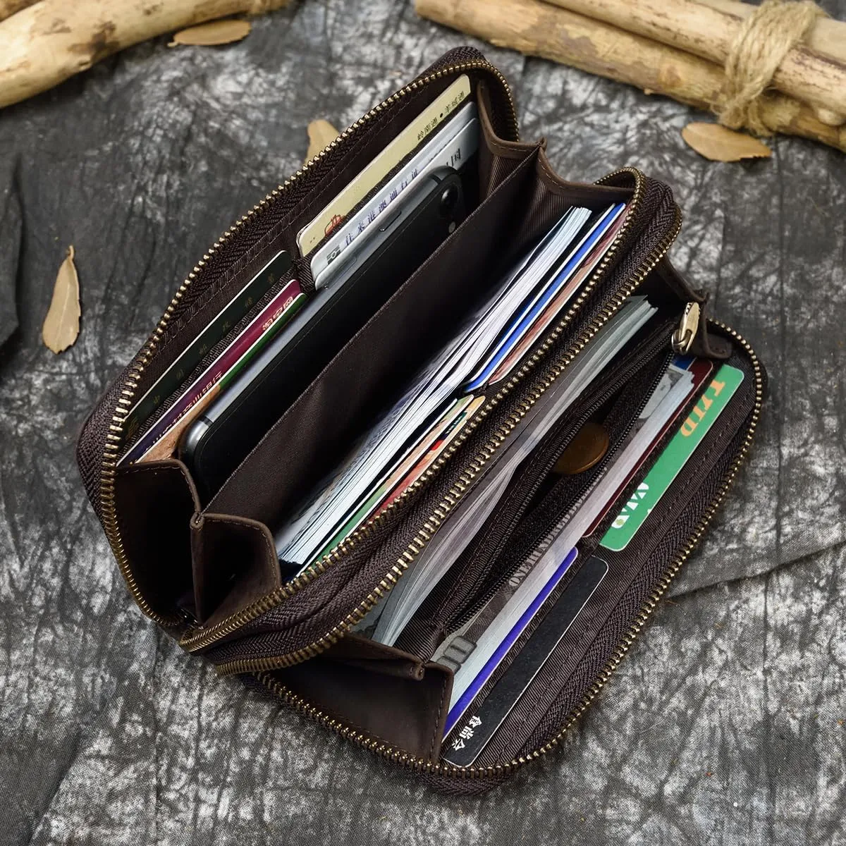 Genuine Leather Long Wallet for Men, Large Capacity Purse Clutch Bag Handbag Checkbook Cash Credit Cards Phone Holder