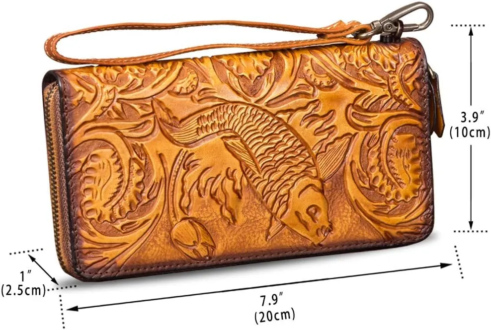Genuine Leather Wallet Women's Zip Around Wristlet Long Purse Vintage Embossing Cowhide Capacity Handmade Clutch (Brown)