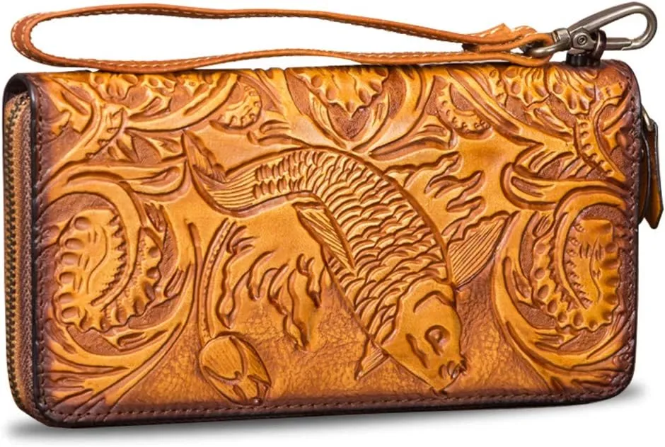 Genuine Leather Wallet Women's Zip Around Wristlet Long Purse Vintage Embossing Cowhide Capacity Handmade Clutch (Brown)