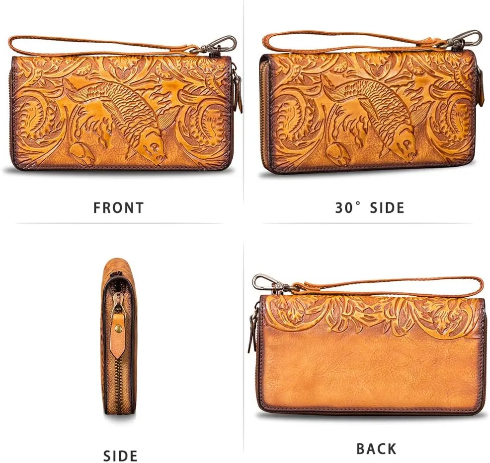 Genuine Leather Wallet Women's Zip Around Wristlet Long Purse Vintage Embossing Cowhide Capacity Handmade Clutch (Brown)