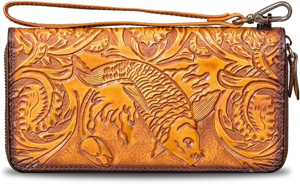 Genuine Leather Wallet Women's Zip Around Wristlet Long Purse Vintage Embossing Cowhide Capacity Handmade Clutch (Brown)