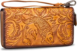 Genuine Leather Wallet Women's Zip Around Wristlet Long Purse Vintage Embossing Cowhide Capacity Handmade Clutch (Brown)