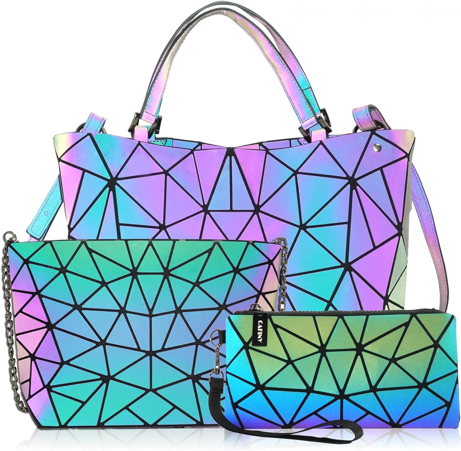 Geometric Purse for Women,Geometric Luminous Crossbody Bags (Large) and Holographic wallets Set-3FB