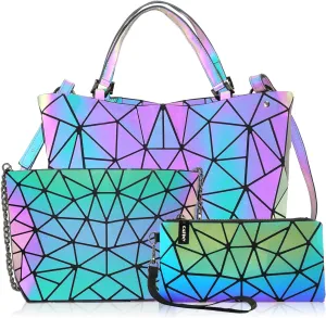 Geometric Purse for Women,Geometric Luminous Crossbody Bags (Large) and Holographic wallets Set-3FB