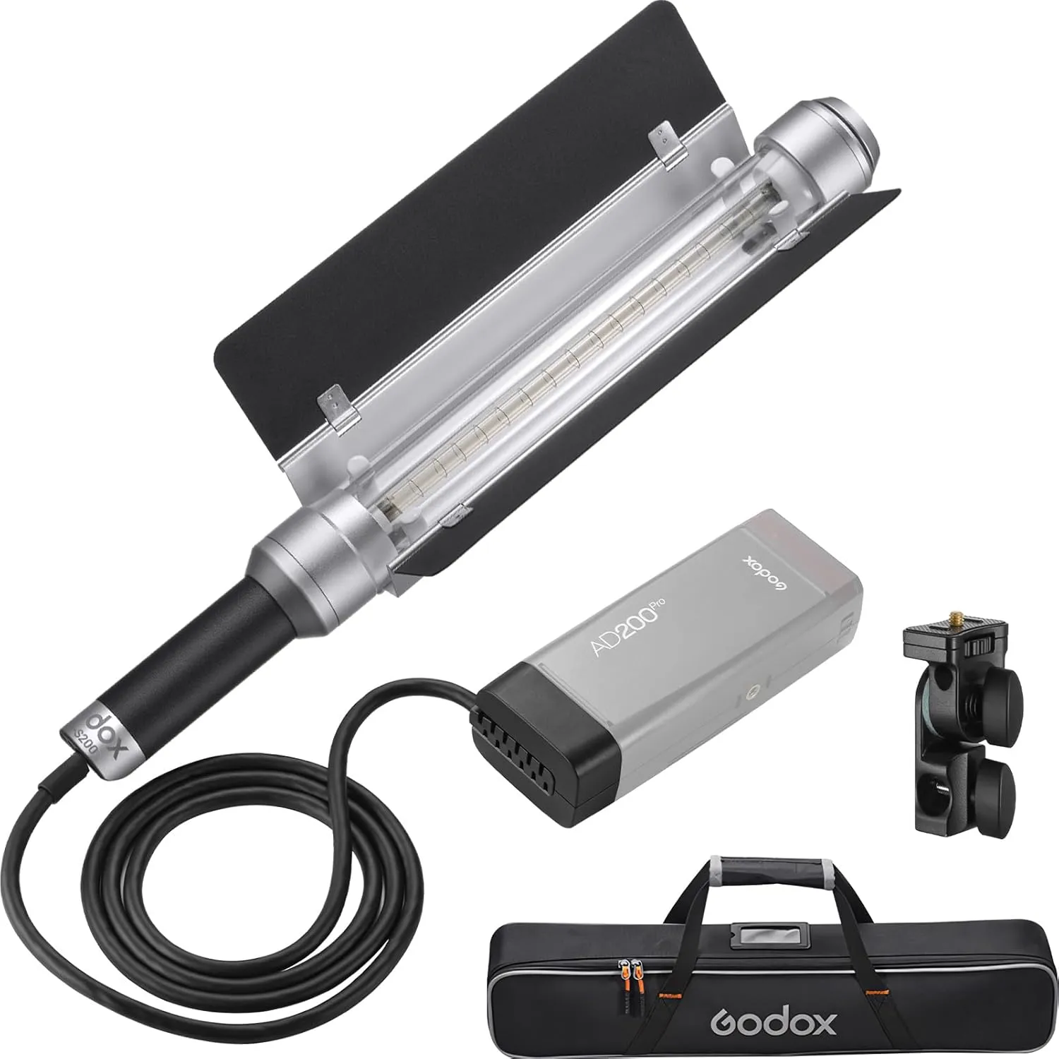 Godox AD-S200 Stick Flash Head 200W 5800K for AD200, AD200Pro and AD200Pro II Pocket Flashes with Barn Door, AD-E2 Flash Holder Metal Bracket and Carry Bag