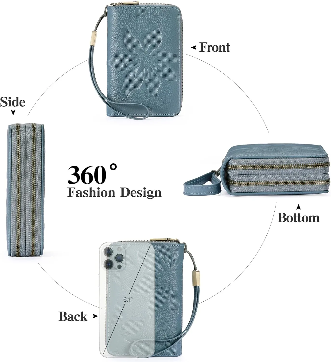GOIACII Women's Wallet Double Zip Around Credit Card Holder Ladies Wallet Rfid Blocking Wristlet Purse Medium Size Leather Blue
