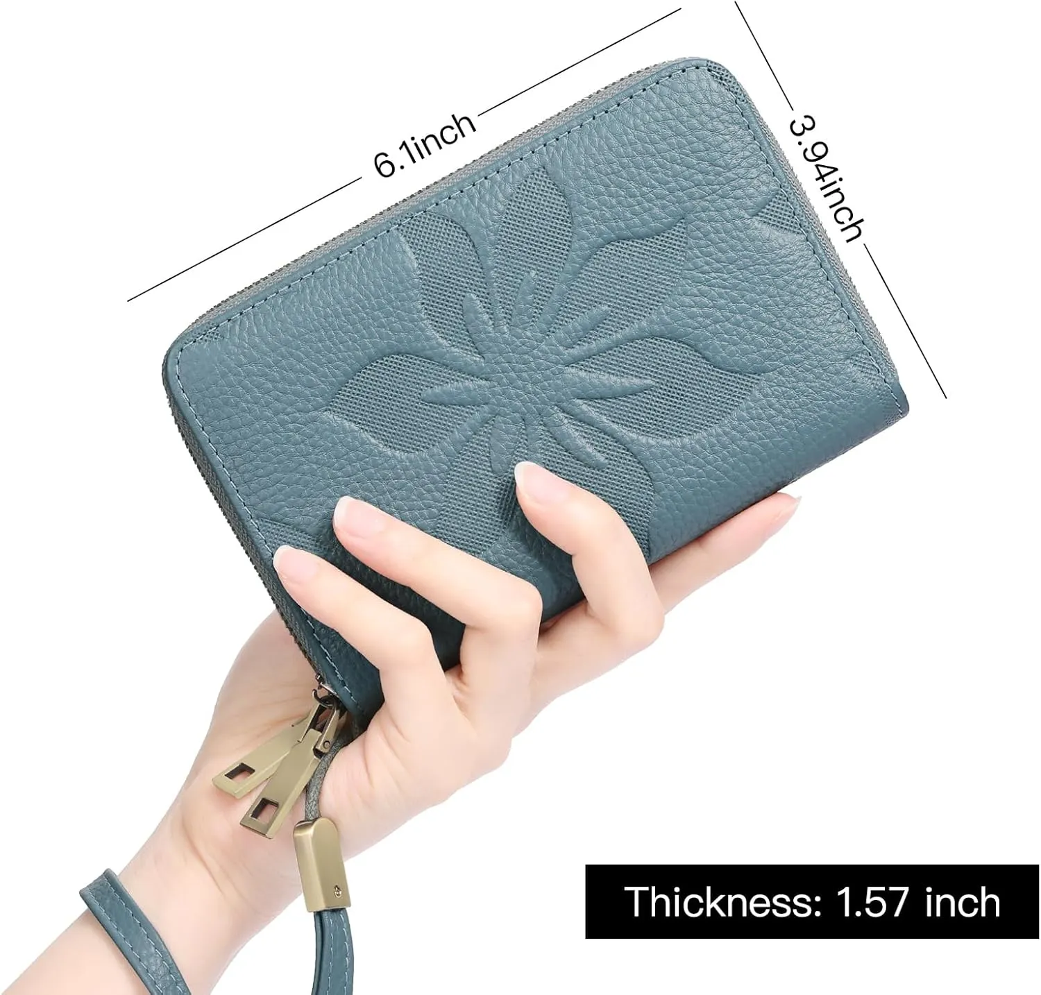 GOIACII Women's Wallet Double Zip Around Credit Card Holder Ladies Wallet Rfid Blocking Wristlet Purse Medium Size Leather Blue