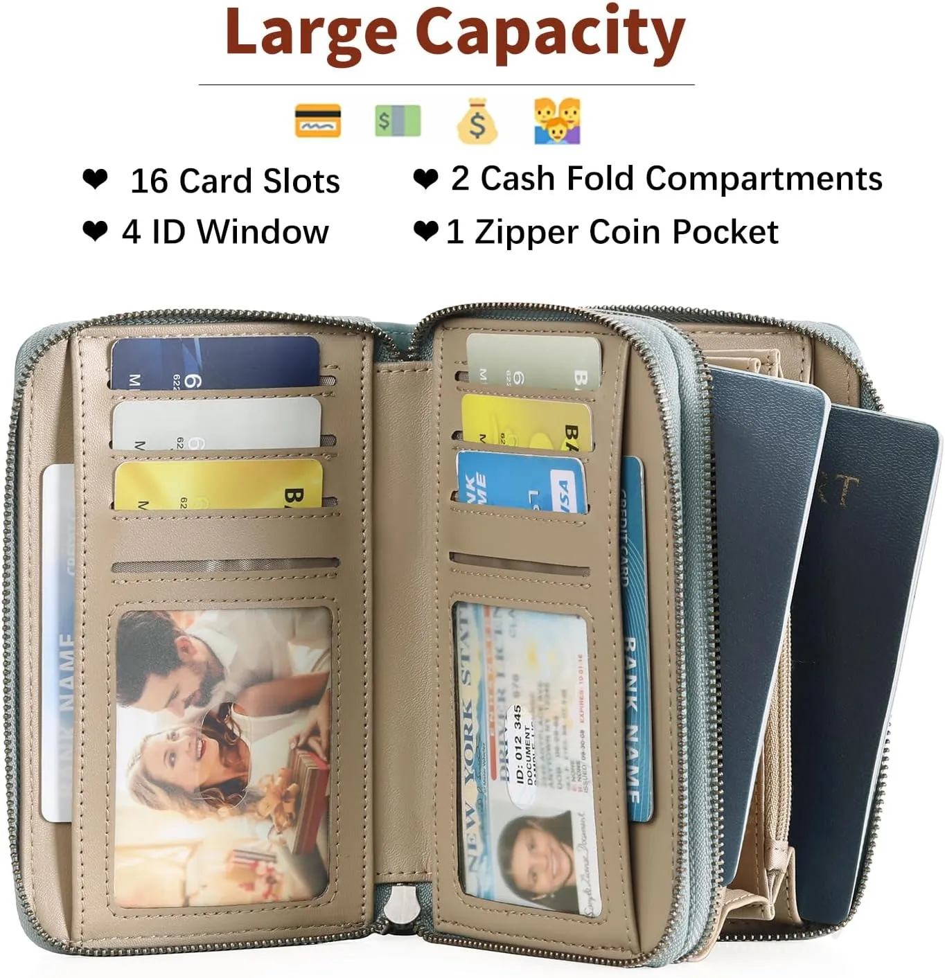 GOIACII Women's Wallet Double Zip Around Credit Card Holder Ladies Wallet Rfid Blocking Wristlet Purse Medium Size Leather Blue