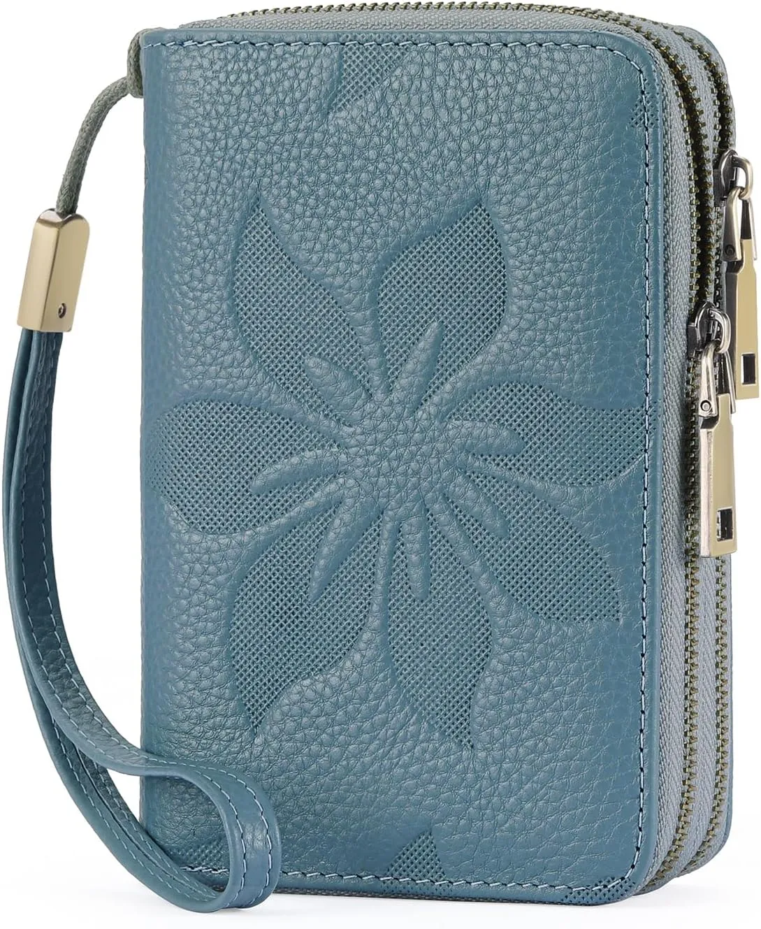 GOIACII Women's Wallet Double Zip Around Credit Card Holder Ladies Wallet Rfid Blocking Wristlet Purse Medium Size Leather Blue