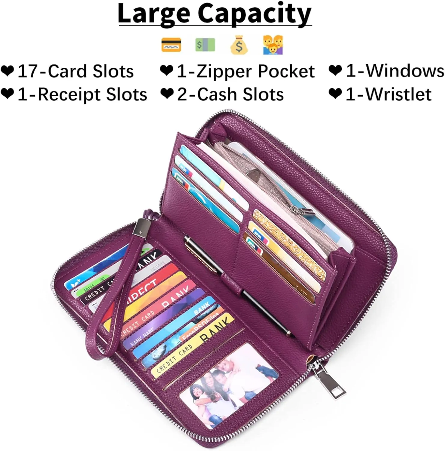 GOIACII Womens Wallet RFID Blocking Leather Zip Around Wallet Large Capacity Long Purse Credit Card Clutch Wristlet