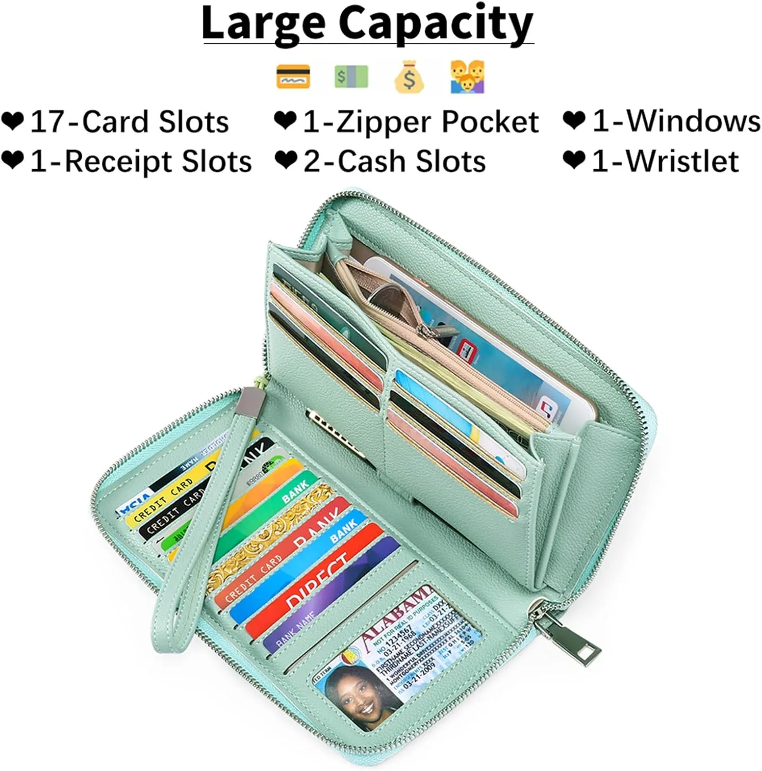 GOIACII Womens Wallet RFID Blocking Leather Zip Around Wallet Large Capacity Long Purse Credit Card Clutch Wristlet
