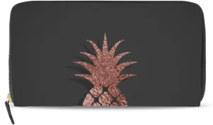 Gold Glittering Rose Pineapple Glossy Exotic Fruit on Dark Brown Leather Long Wallet Organizer with Zipper Purse Clutch Bag for Women Men Key Card Coin Passport Checkbook 8 x 4 inch