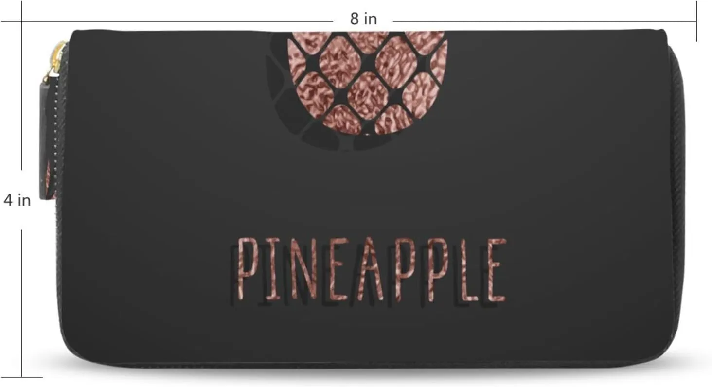 Gold Glittering Rose Pineapple Glossy Exotic Fruit on Dark Brown Leather Long Wallet Organizer with Zipper Purse Clutch Bag for Women Men Key Card Coin Passport Checkbook 8 x 4 inch