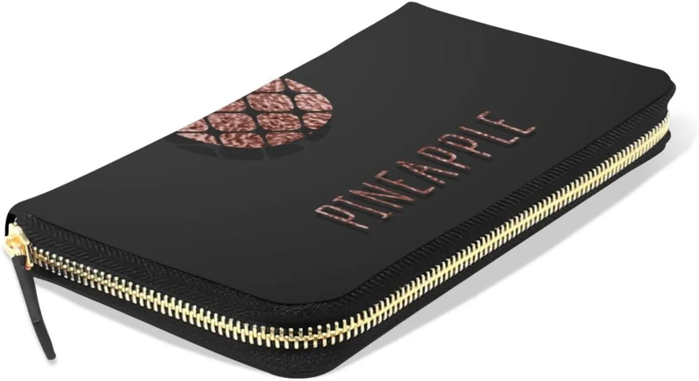 Gold Glittering Rose Pineapple Glossy Exotic Fruit on Dark Brown Leather Long Wallet Organizer with Zipper Purse Clutch Bag for Women Men Key Card Coin Passport Checkbook 8 x 4 inch