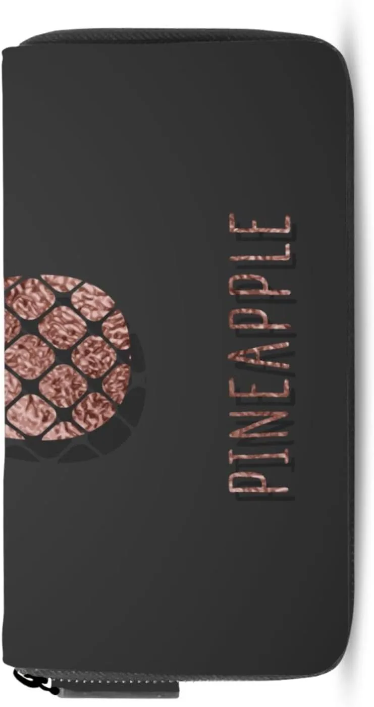 Gold Glittering Rose Pineapple Glossy Exotic Fruit on Dark Brown Leather Long Wallet Organizer with Zipper Purse Clutch Bag for Women Men Key Card Coin Passport Checkbook 8 x 4 inch