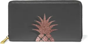 Gold Glittering Rose Pineapple Glossy Exotic Fruit on Dark Brown Leather Long Wallet Organizer with Zipper Purse Clutch Bag for Women Men Key Card Coin Passport Checkbook