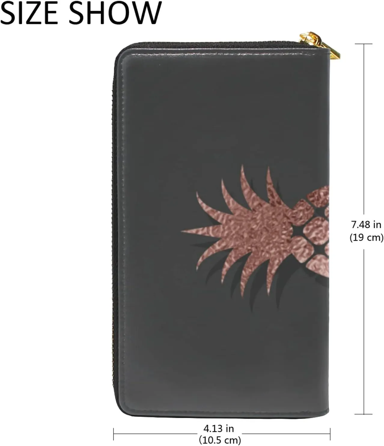 Gold Glittering Rose Pineapple Glossy Exotic Fruit on Dark Brown Leather Long Wallet Organizer with Zipper Purse Clutch Bag for Women Men Key Card Coin Passport Checkbook