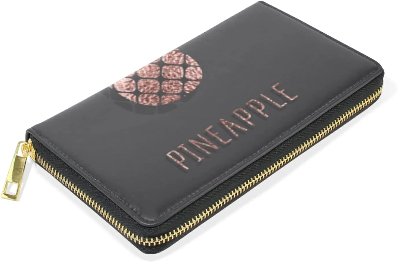 Gold Glittering Rose Pineapple Glossy Exotic Fruit on Dark Brown Leather Long Wallet Organizer with Zipper Purse Clutch Bag for Women Men Key Card Coin Passport Checkbook
