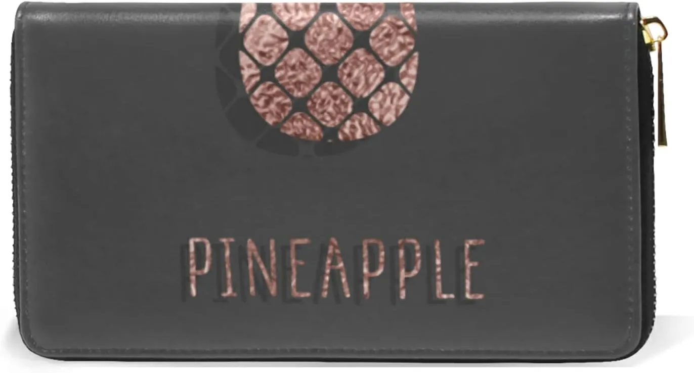 Gold Glittering Rose Pineapple Glossy Exotic Fruit on Dark Brown Leather Long Wallet Organizer with Zipper Purse Clutch Bag for Women Men Key Card Coin Passport Checkbook