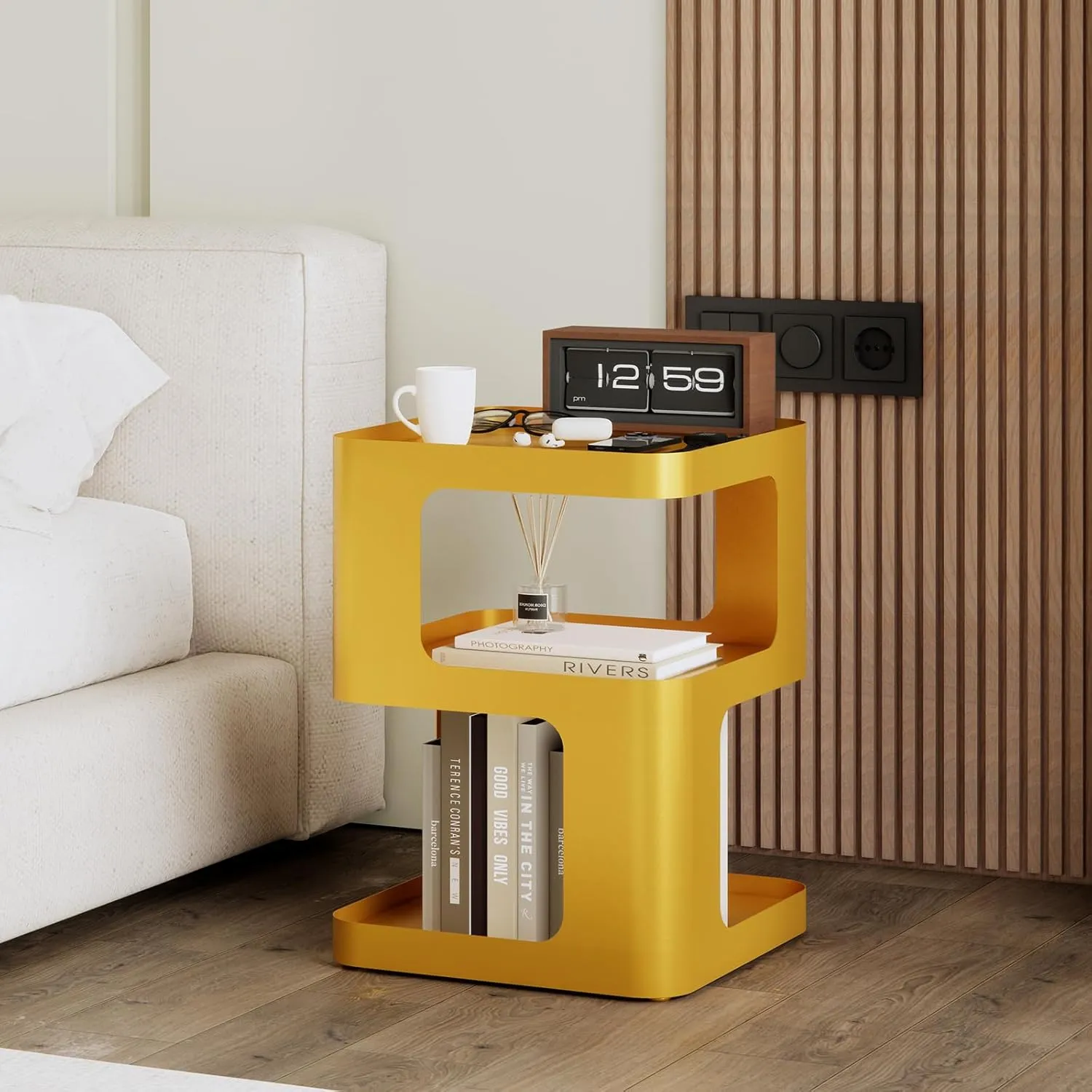 Gold Side Table,Modern end Table with Storage,Unique nightstand,Metal Bedside Tables,Accent Table for Living Room,Bedroom,Couch.no Assembly Required