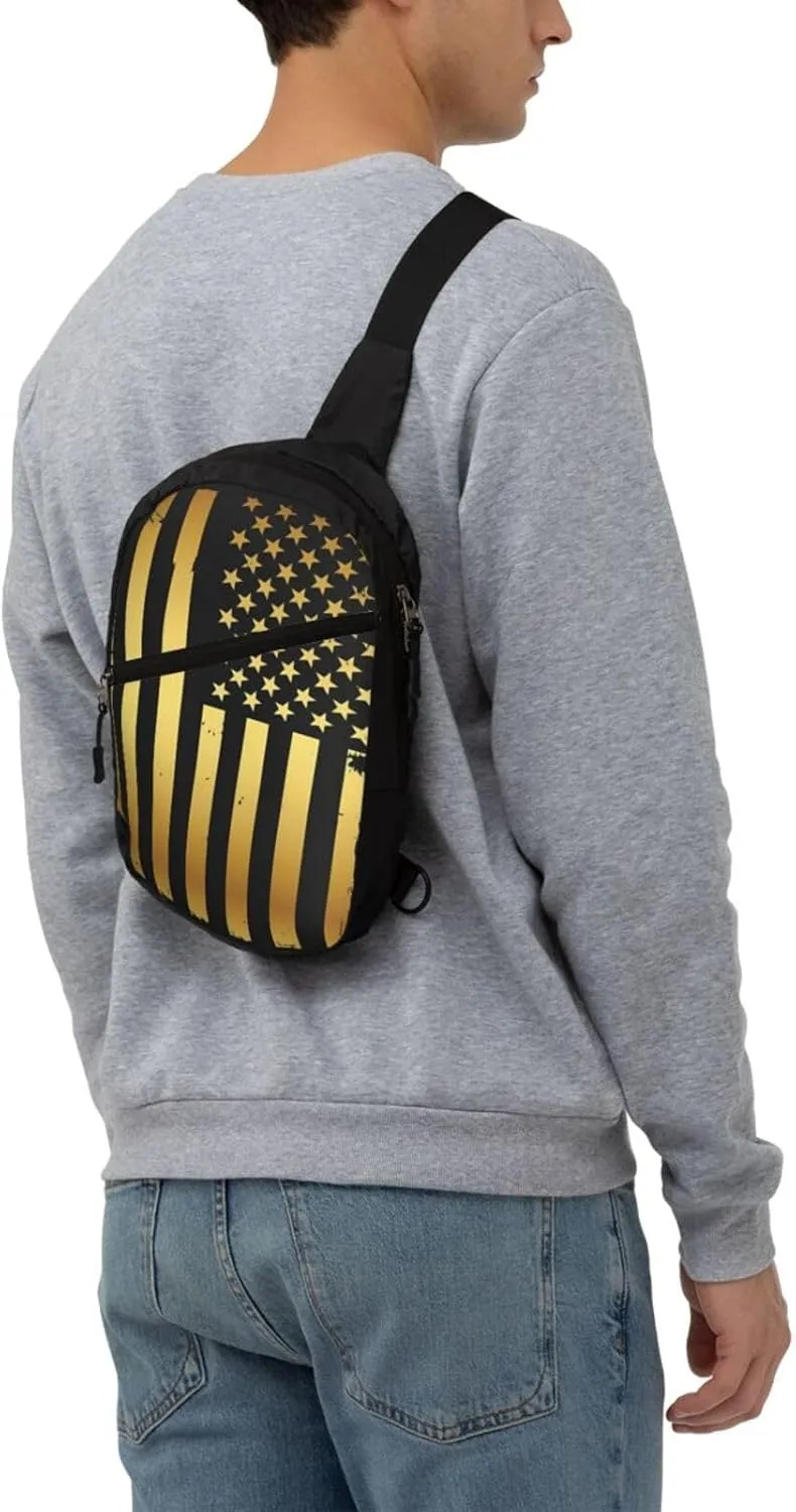 Golden American Flag Portable Sling Bags Packable Crossbody Bag Foldable Sport Daypack Reusable Shoulder Backpack Diagonally Chest Bag for Workout Travel