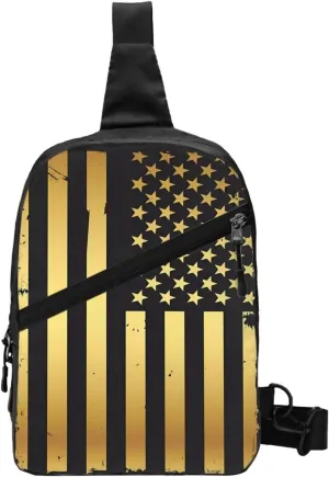 Golden American Flag Portable Sling Bags Packable Crossbody Bag Foldable Sport Daypack Reusable Shoulder Backpack Diagonally Chest Bag for Workout Travel