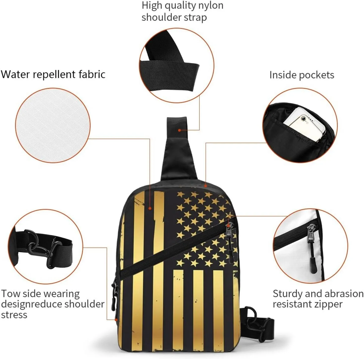 Golden American Flag Portable Sling Bags Packable Crossbody Bag Foldable Sport Daypack Reusable Shoulder Backpack Diagonally Chest Bag for Workout Travel