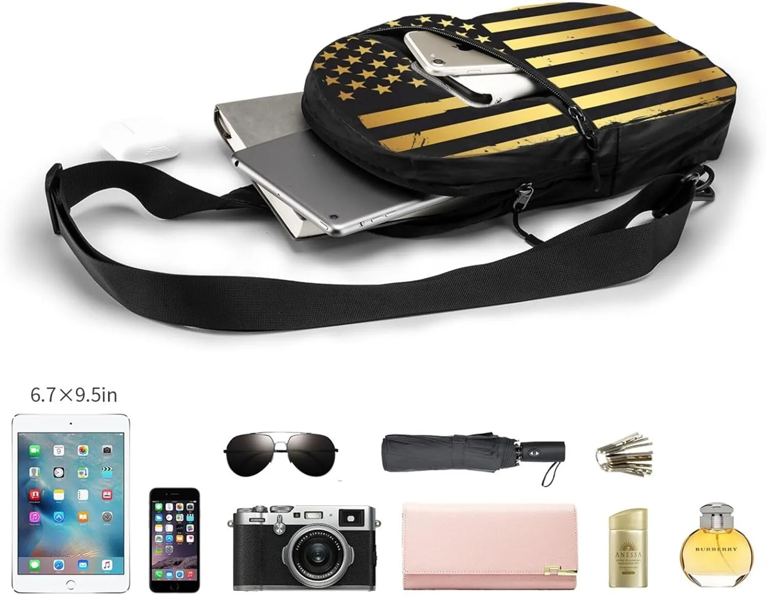 Golden American Flag Portable Sling Bags Packable Crossbody Bag Foldable Sport Daypack Reusable Shoulder Backpack Diagonally Chest Bag for Workout Travel