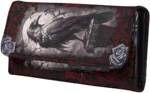 Gothic Raven Long Wallet for Women Vintage Goth Victorian Floral Trifold PU Leather Card Holder, Red Black Purse Clutch Checkbook with Zipper Pocket
