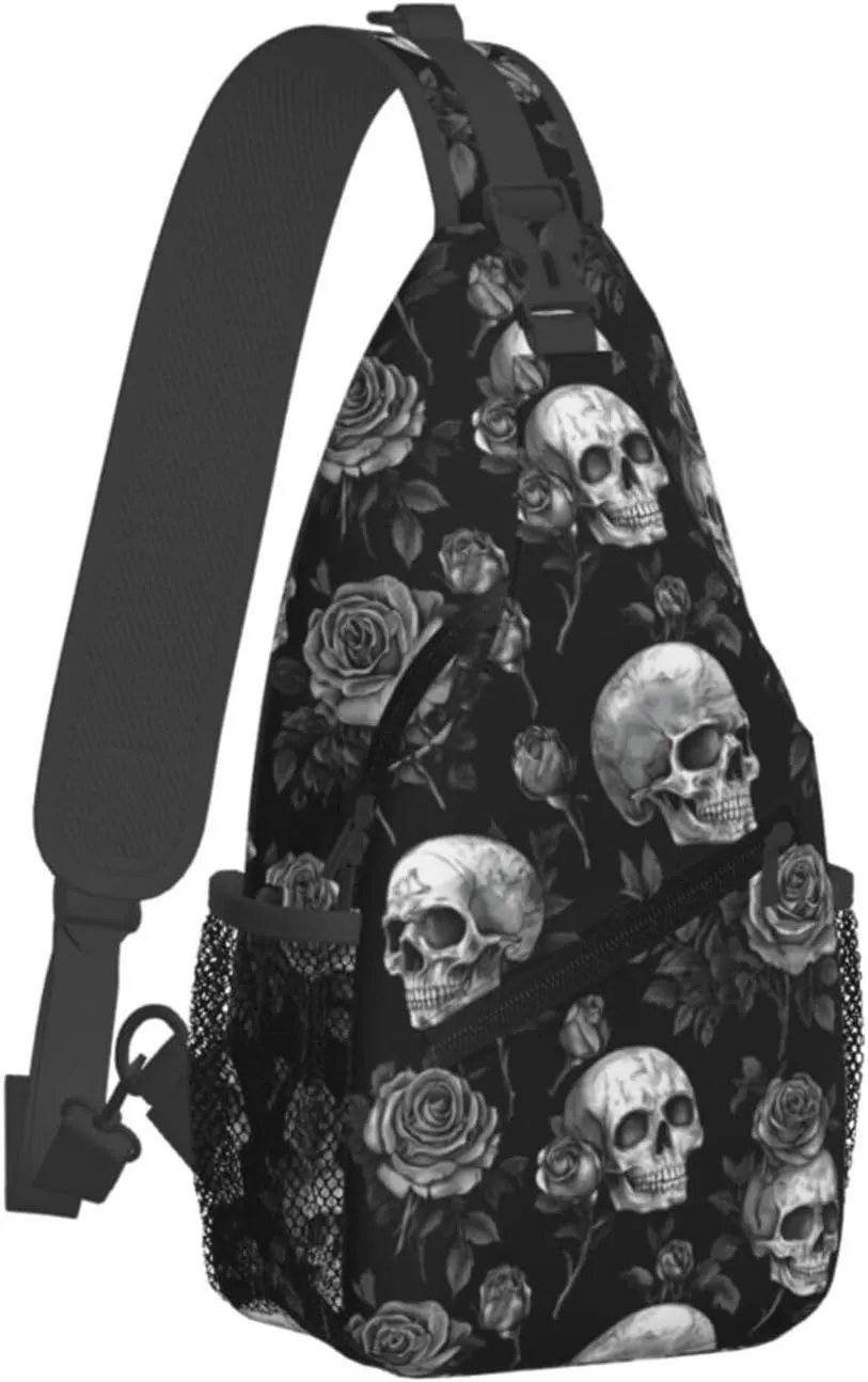 Gothic Skull & Rose Sling Backpack Hiking Backpack Crossbody Bag Sports Lightweight And Durable Chest Bag Shoulder Bag For Women Men
