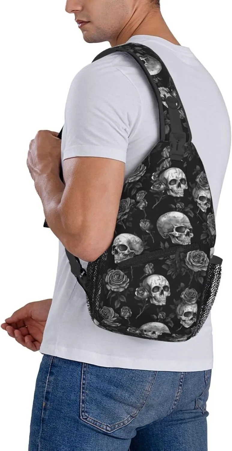 Gothic Skull & Rose Sling Backpack Hiking Backpack Crossbody Bag Sports Lightweight And Durable Chest Bag Shoulder Bag For Women Men