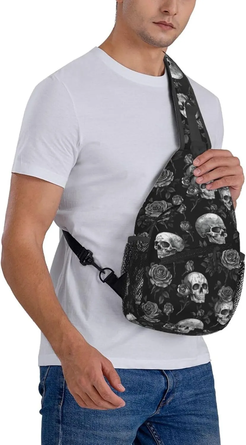 Gothic Skull & Rose Sling Backpack Hiking Backpack Crossbody Bag Sports Lightweight And Durable Chest Bag Shoulder Bag For Women Men