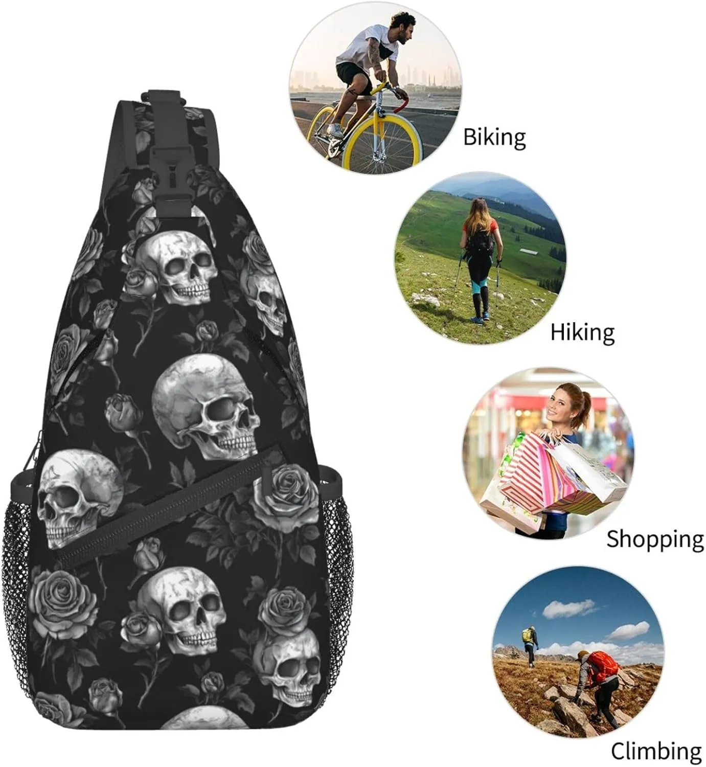 Gothic Skull & Rose Sling Backpack Hiking Backpack Crossbody Bag Sports Lightweight And Durable Chest Bag Shoulder Bag For Women Men