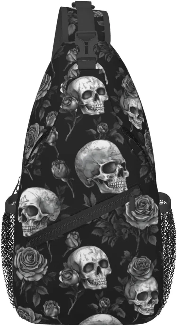 Gothic Skull & Rose Sling Backpack Hiking Backpack Crossbody Bag Sports Lightweight And Durable Chest Bag Shoulder Bag For Women Men