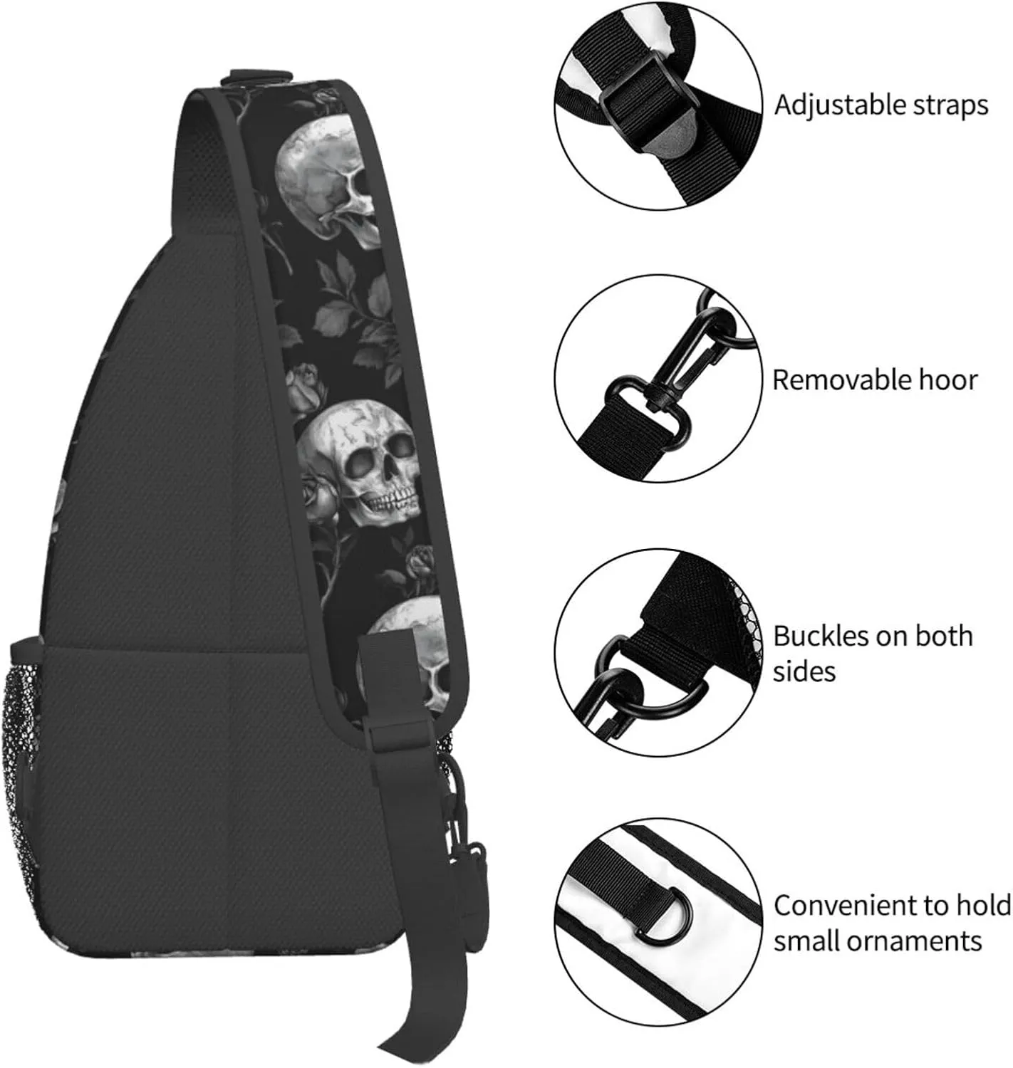 Gothic Skull & Rose Sling Backpack Hiking Backpack Crossbody Bag Sports Lightweight And Durable Chest Bag Shoulder Bag For Women Men