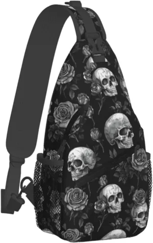 Gothic Skull & Rose Sling Backpack Hiking Backpack Crossbody Bag Sports Lightweight And Durable Chest Bag Shoulder Bag For Women Men