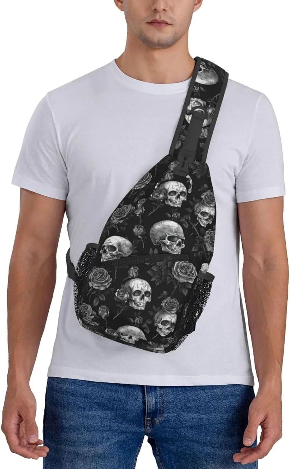 Gothic Skull & Rose Sling Backpack Hiking Backpack Crossbody Bag Sports Lightweight And Durable Chest Bag Shoulder Bag For Women Men