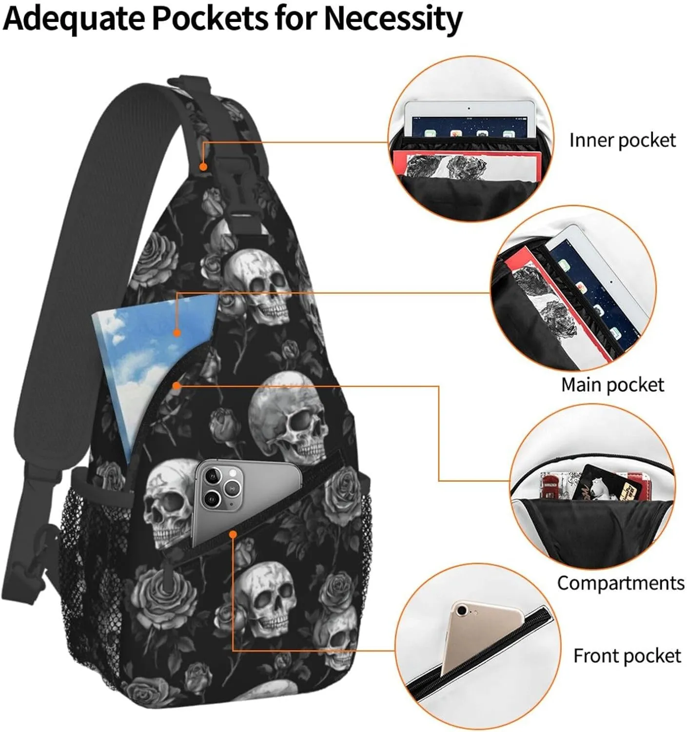 Gothic Skull & Rose Sling Backpack Hiking Backpack Crossbody Bag Sports Lightweight And Durable Chest Bag Shoulder Bag For Women Men