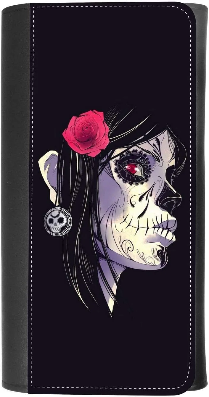 (Gothic Sugar Skull Face Girl) women's Patterned Leather Buckle Trifold Wallet Bag Pouch Holster With Credit Card Holder insurance for smartphones