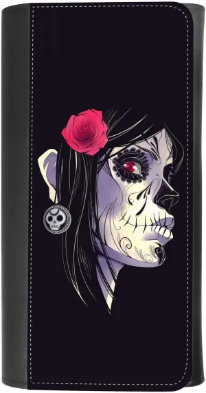 (Gothic Sugar Skull Face Girl) women's Patterned Leather Buckle Trifold Wallet Bag Pouch Holster With Credit Card Holder insurance for smartphones