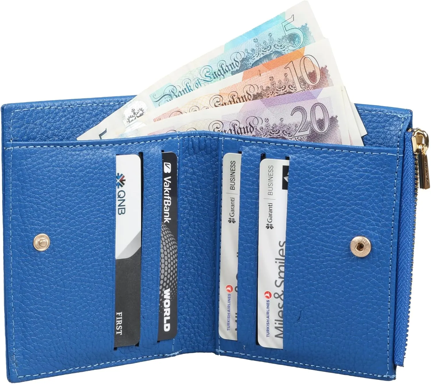 grande 2805 Genuine Leather Small Bifold Wallet For Women Minimalist Wallet Ladies Zippered Mini Purse Small Card Holder (Blue)